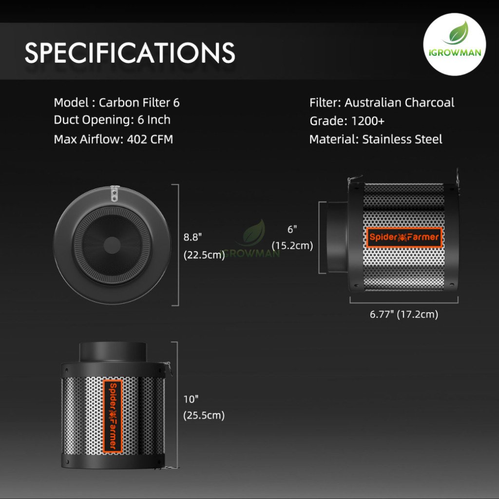 Spider Farmer Carbon Filter 6 นิ้ว ไส้กรองคาร์บอน กรองกลิ่น สำหรับท่อดูดอากาศ - Image 3